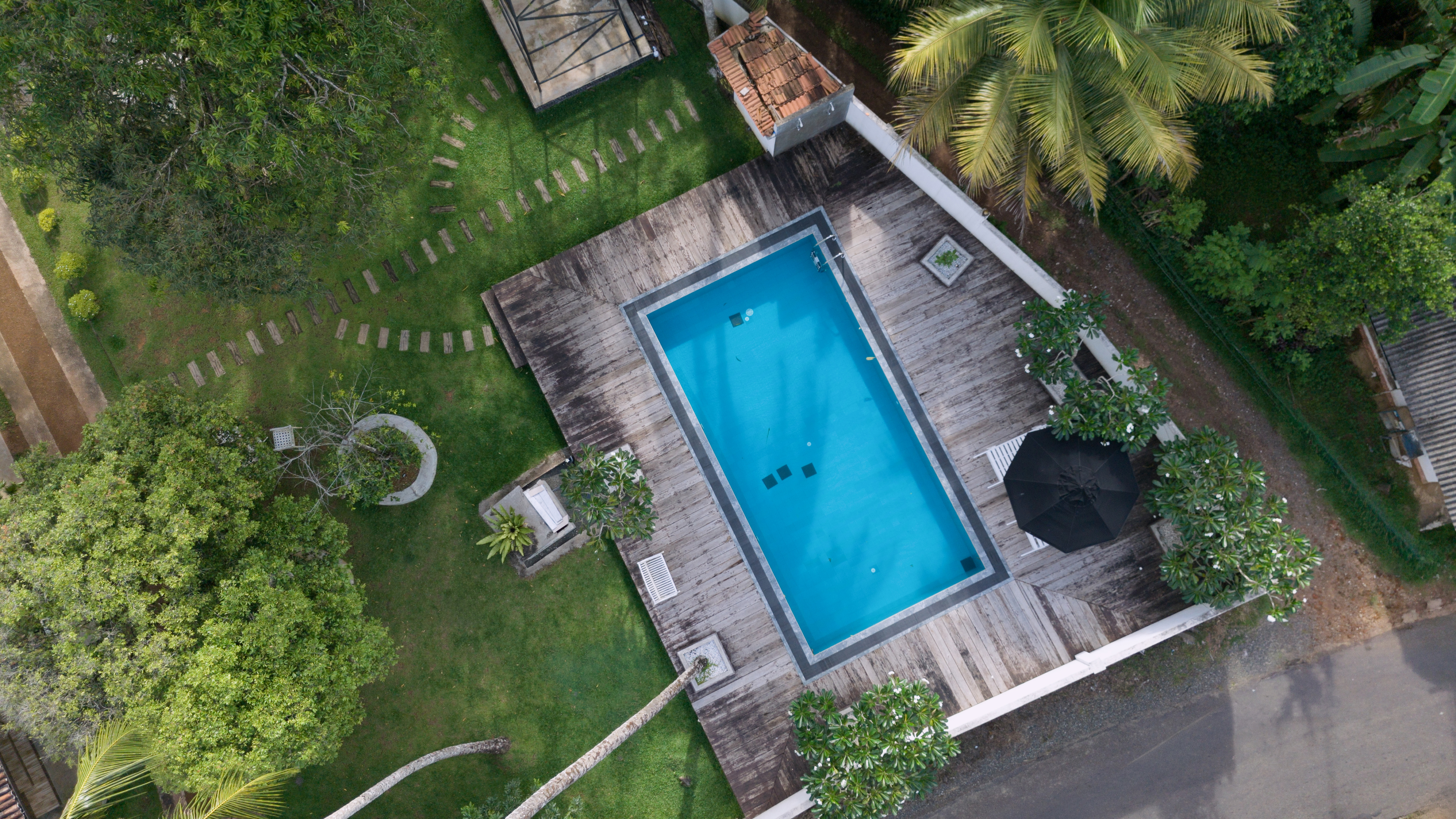 Poolside loungers beneath a frangipani tree at dusk at Echoing Dream Resort