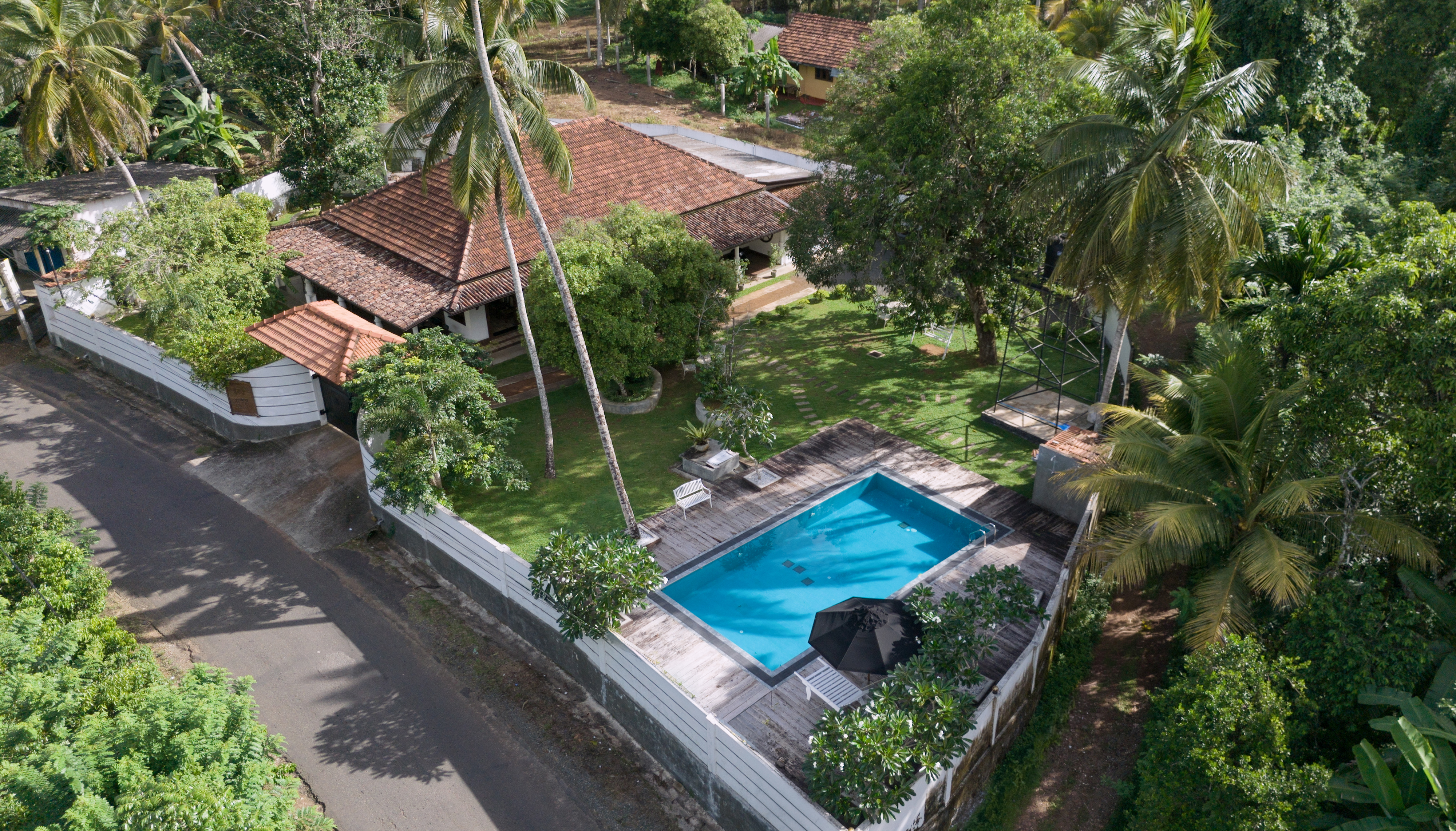 Lawn and tropical garden beds with frangipani trees and a white bench in front of Echoing Dream's veranda