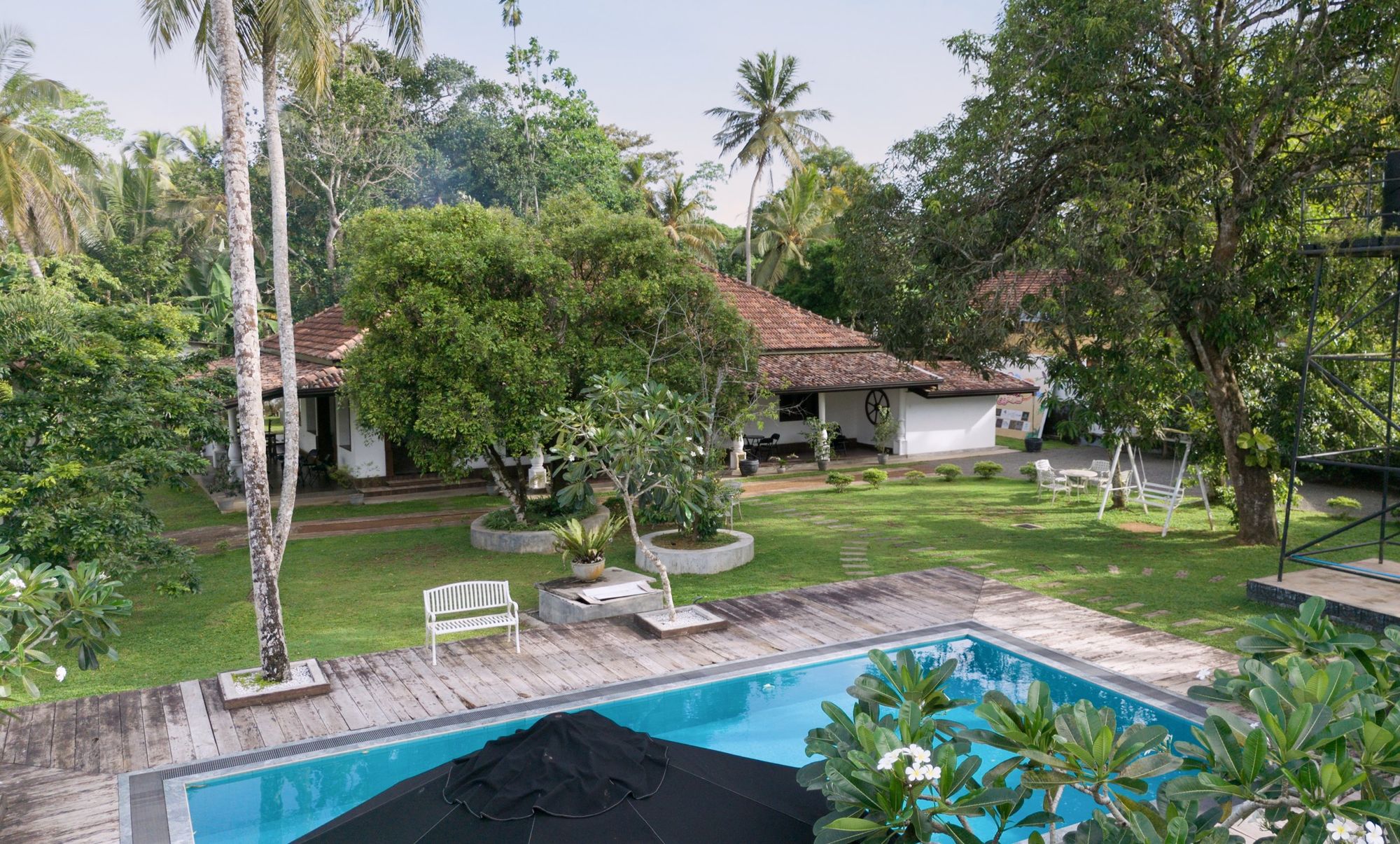 Echoing Dream Resort's whitewashed, clay-tile-roofed villa seen across its lawn and timber pool deck, framed by coconut palms and frangipani trees, Baddegama, Galle
